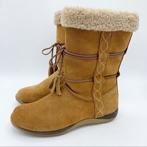LL Bean Brown Suede Leather Zip Moccasin Winter Fleece Lined Boots Girls